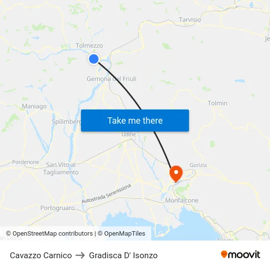 Cavazzo Carnico to Gradisca D' Isonzo map