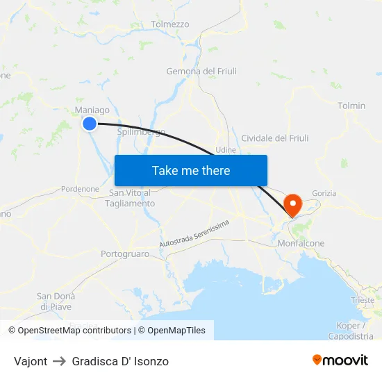 Vajont to Gradisca D' Isonzo map