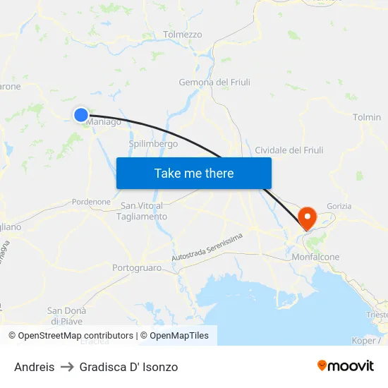 Andreis to Gradisca D' Isonzo map