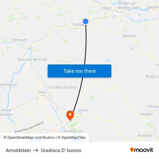 Arnoldstein to Gradisca D' Isonzo map