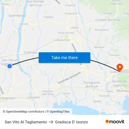 San Vito Al Tagliamento to Gradisca D' Isonzo map