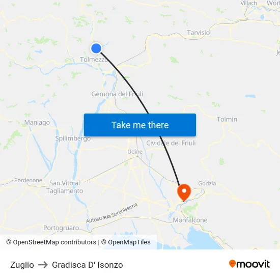 Zuglio to Gradisca d'Isonzo map