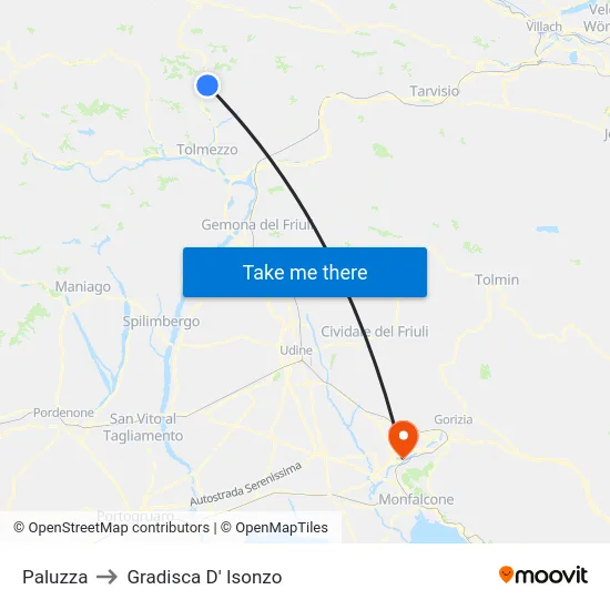 Paluzza to Gradisca D' Isonzo map