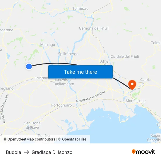 Budoia to Gradisca D' Isonzo map