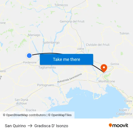 San Quirino to Gradisca D' Isonzo map
