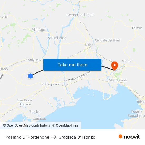 Pasiano Di Pordenone to Gradisca D' Isonzo map