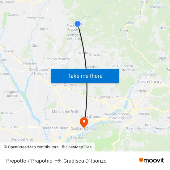 Prepotto / Prapotno to Gradisca D' Isonzo map