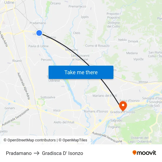 Pradamano to Gradisca D' Isonzo map