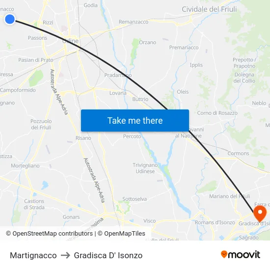 Martignacco to Gradisca D' Isonzo map