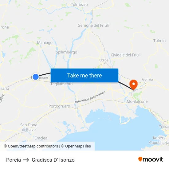 Porcia to Gradisca D' Isonzo map