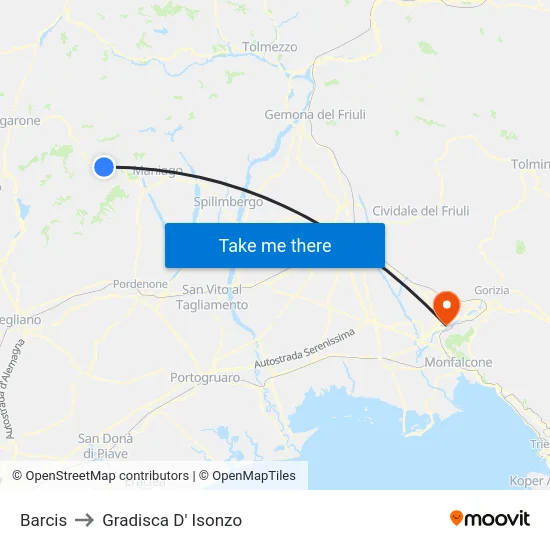 Barcis to Gradisca D' Isonzo map