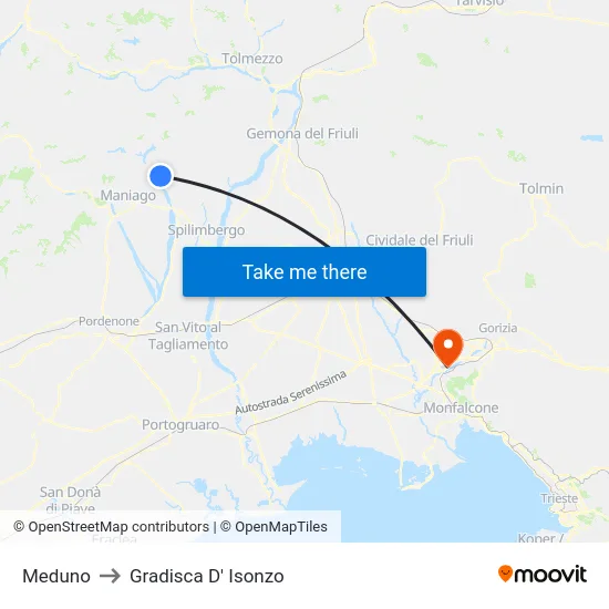 Meduno to Gradisca D' Isonzo map