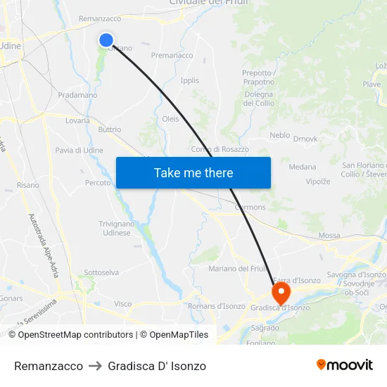 Remanzacco to Gradisca D' Isonzo map