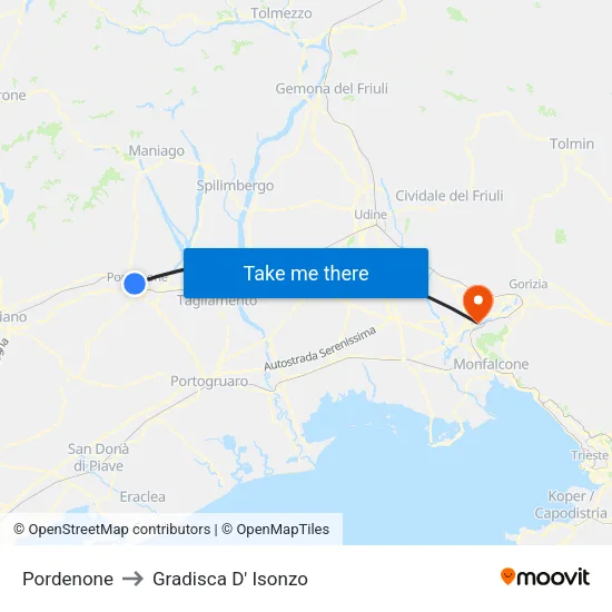 Pordenone to Gradisca D' Isonzo map