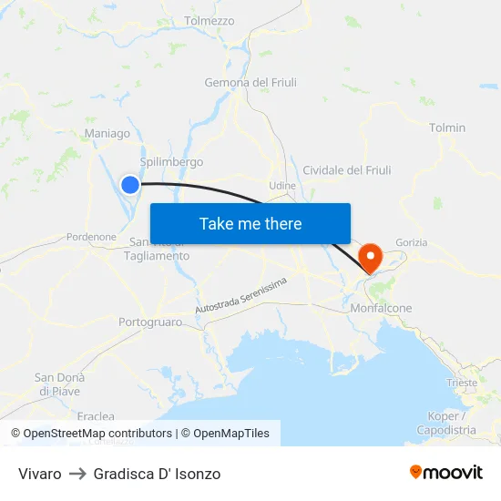 Vivaro to Gradisca D' Isonzo map
