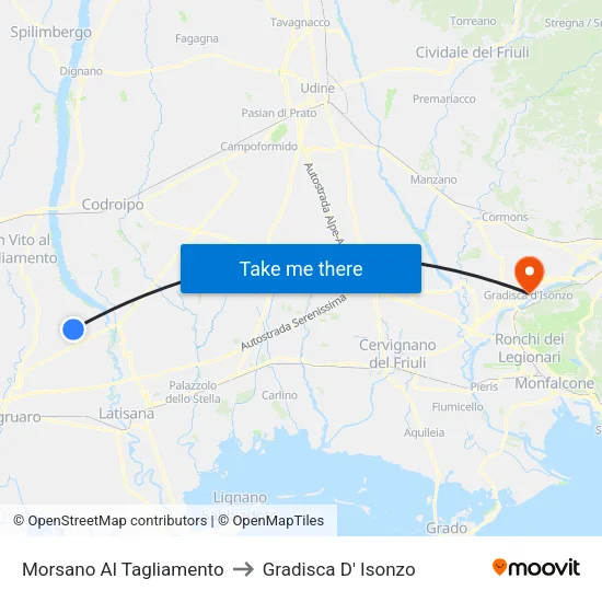 Morsano Al Tagliamento to Gradisca D' Isonzo map