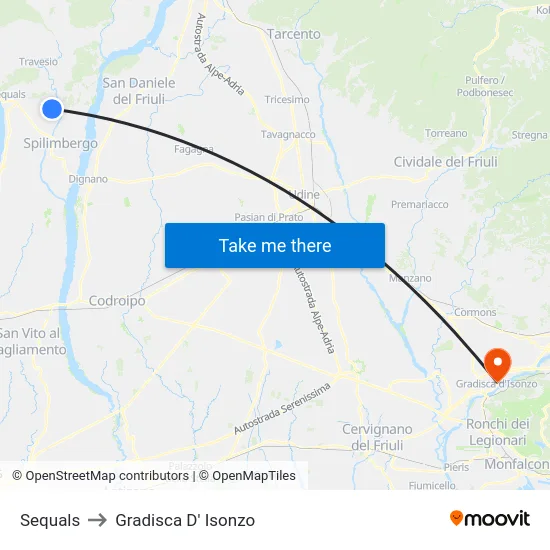 Sequals to Gradisca D' Isonzo map