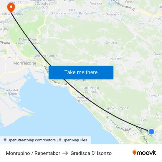 Monrupino / Repentabor to Gradisca D' Isonzo map