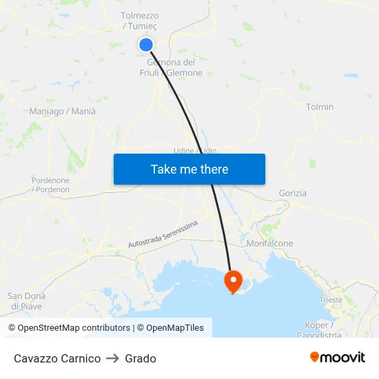 Cavazzo Carnico to Grado map