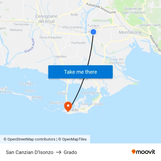 San Canzian d'Isonzo to Grado map