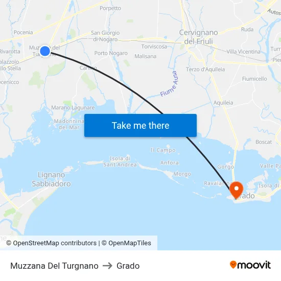 Muzzana del Turgnano to Grado map