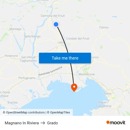 Magnano in Riviera to Grado map