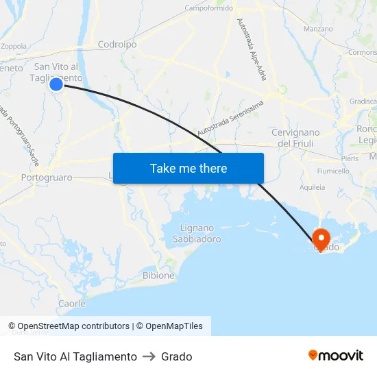 San Vito al Tagliamento to Grado map