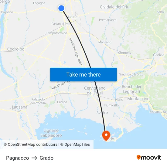 Pagnacco to Grado map