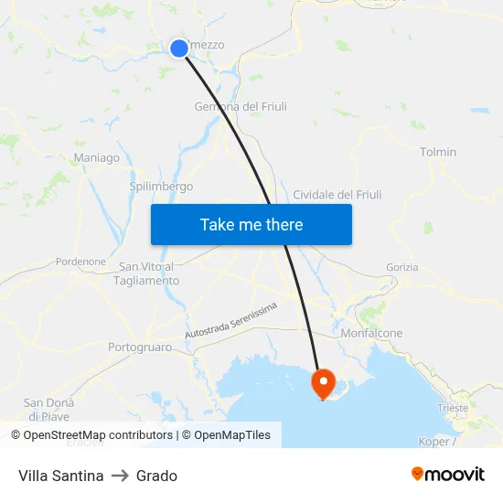 Villa Santina to Grado map