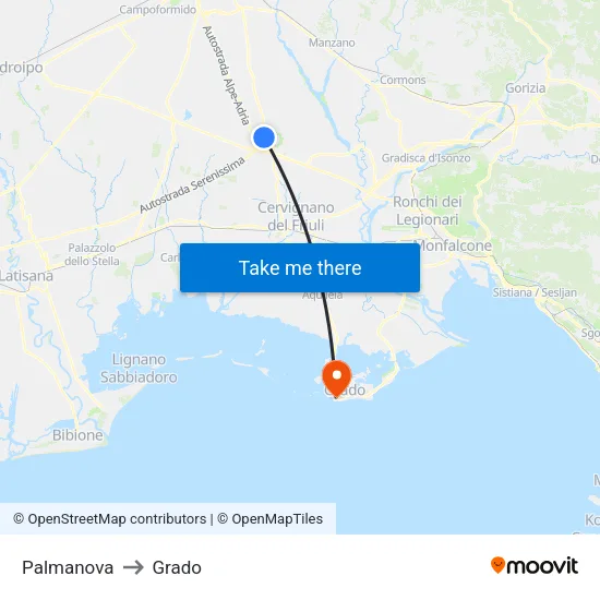 Palmanova to Grado map