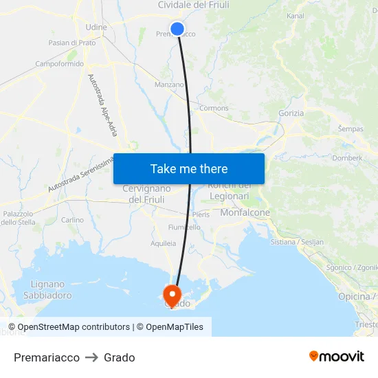 Premariacco to Grado map