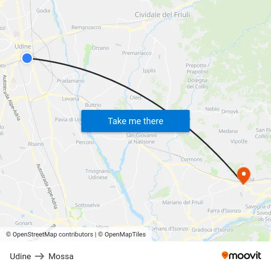 Udine to Mossa map