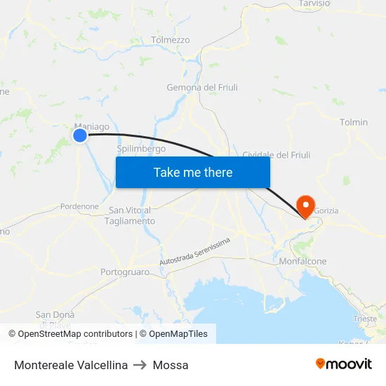 Montereale Valcellina to Mossa map