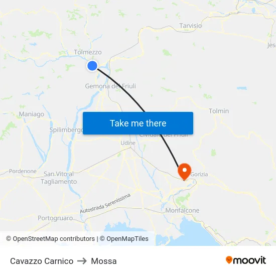 Cavazzo Carnico to Mossa map
