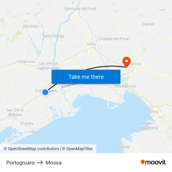 Portogruaro to Mossa map