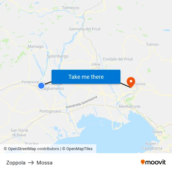 Zoppola to Mossa map