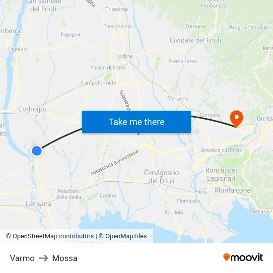 Varmo to Mossa map