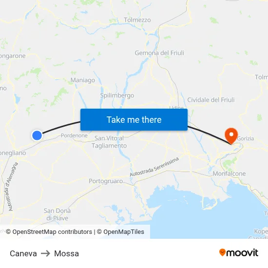 Caneva to Mossa map