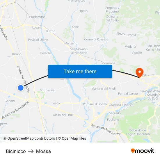 Bicinicco to Mossa map