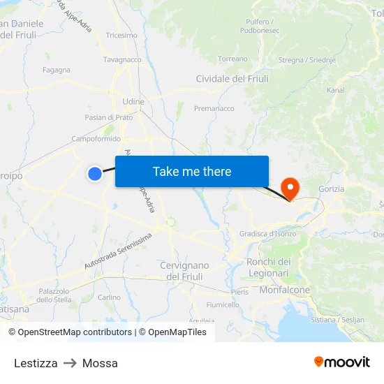 Lestizza to Mossa map