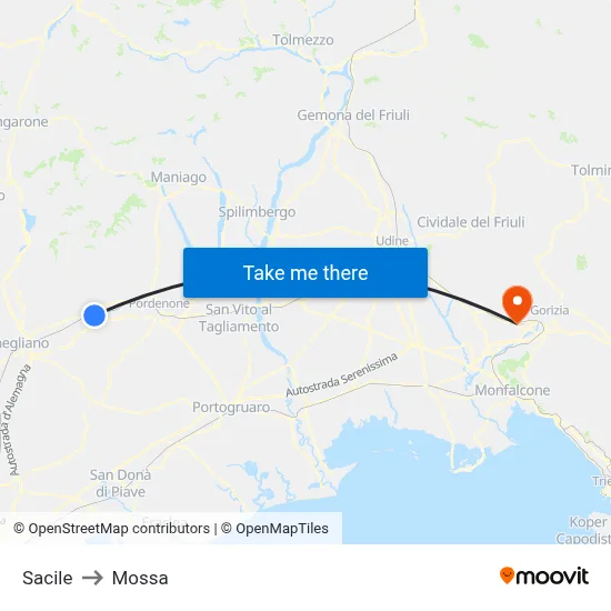 Sacile to Mossa map