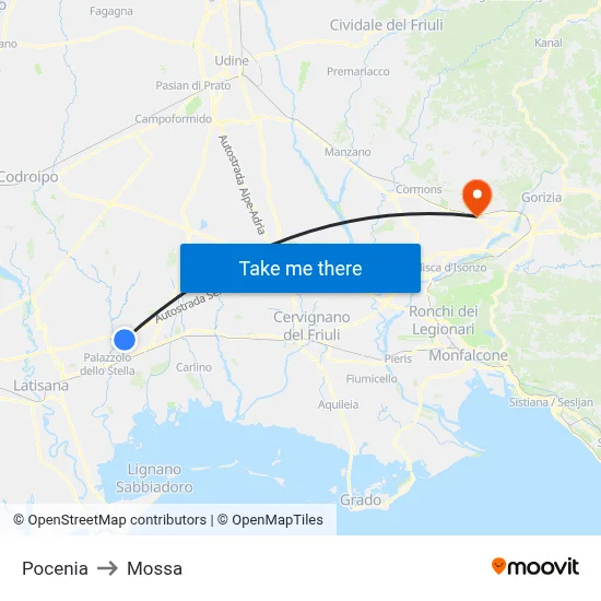 Pocenia to Mossa map