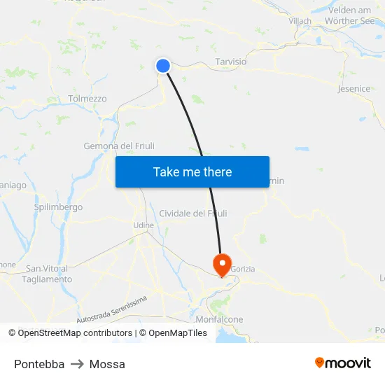 Pontebba to Mossa map