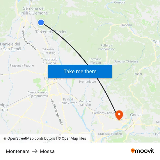 Montenars to Mossa map