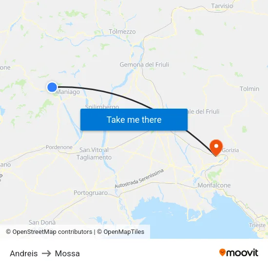 Andreis to Mossa map