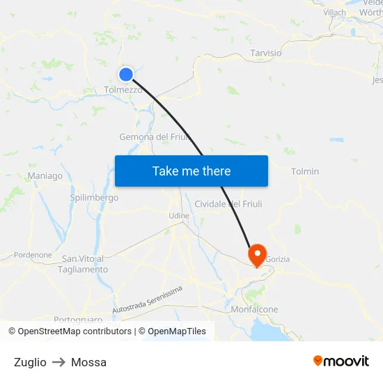Zuglio to Mossa map