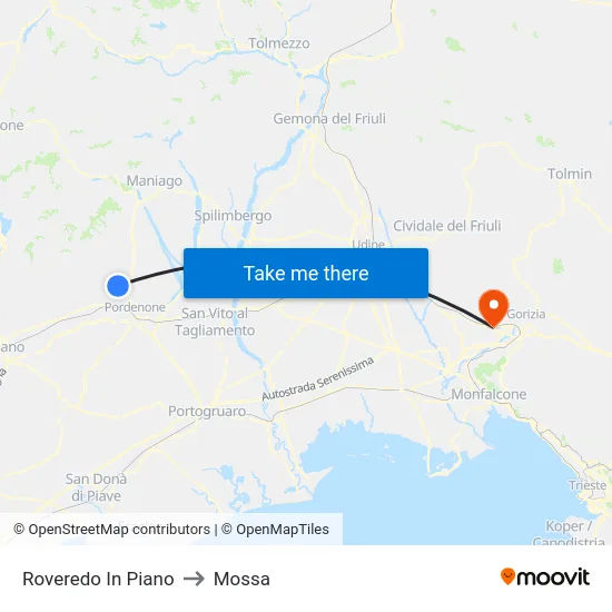 Roveredo In Piano to Mossa map