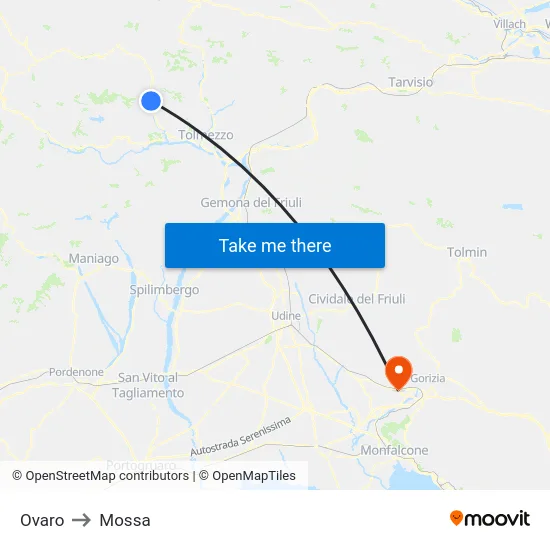 Ovaro to Mossa map