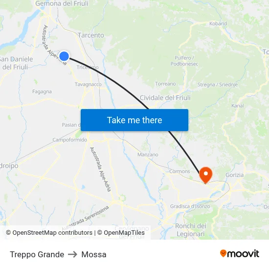 Treppo Grande to Mossa map
