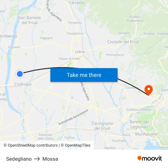 Sedegliano to Mossa map
